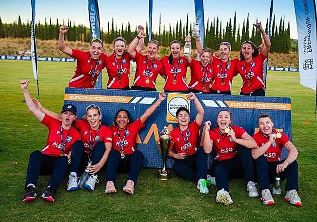 England XI women celebrate their European Championship win in Cártama in December.
