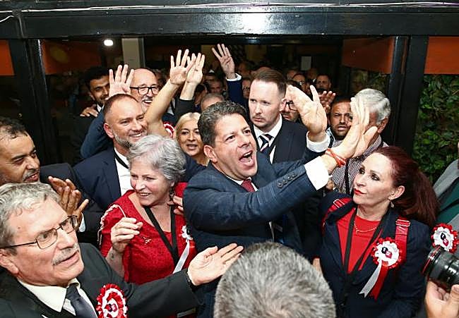 Fabian Picardo celebrates the GSLP/Liberal Alliance's close election victory in Gibraltar.