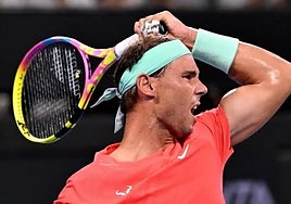 Nadal celebrates winning a point today.