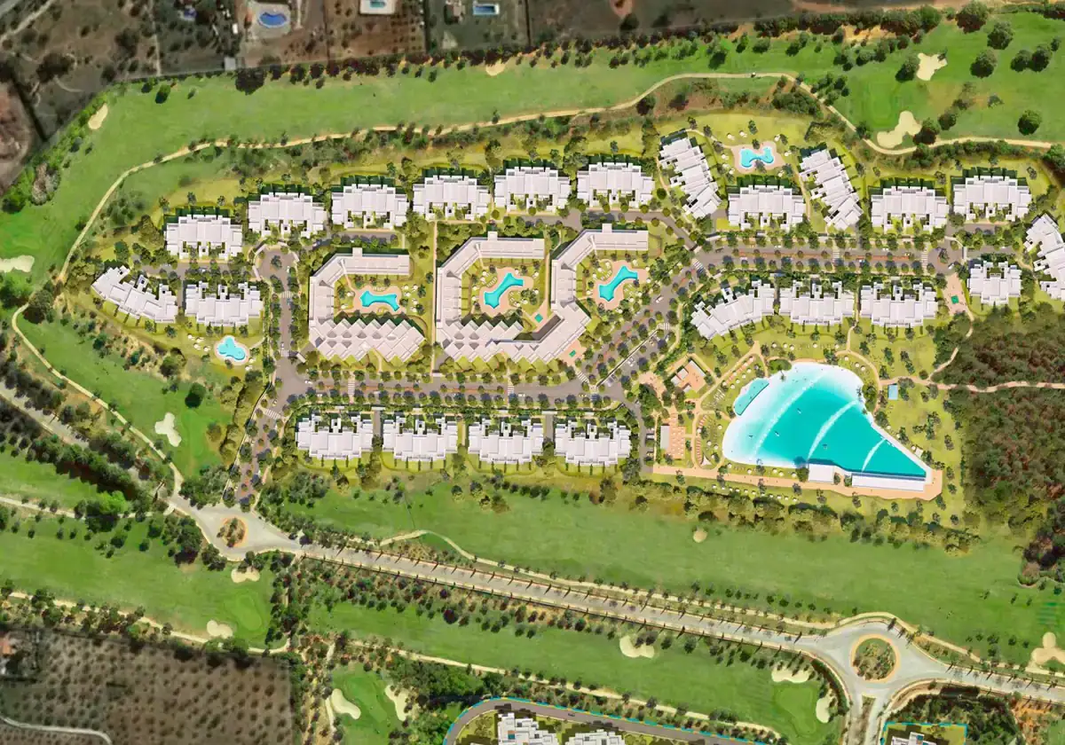 Virtual image of the future complex, with a wave pool, golf course and residential area.