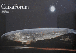Infographic model of the future CaixaForum Malaga, with its roof in the shape of an extended water drop.