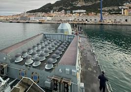 HMS Richmond docked at the naval base in the port.