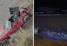 Image of the vehicle after it plunged down the embankment and (right) emergency services at the scene.