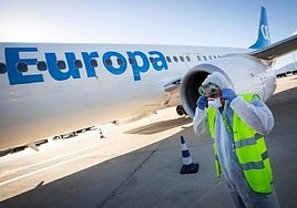An airport worker next to an Air Europa aircraft in 2020, at the height of the coronavirus pandemic.