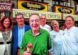 The second generation of Helados La Perla, 83-year-old José Molina, surrounded by the family that continues the business.
