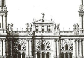 The frontispiece that will complete the cathedral's main façade, as designed by Antonio Ramos in the 18th century.