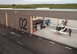 Vtol type aircraft of the Lilium company in a test hangar located in Villacarrillo (Jaén), Spain.