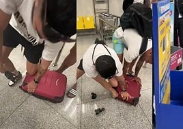 The young man ripped the wheels off the suitcase to reduce its dimensions.