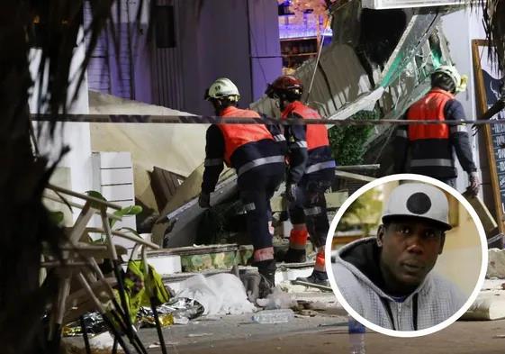 The scene of the building collapse and Abdoulaye Diop (inset).