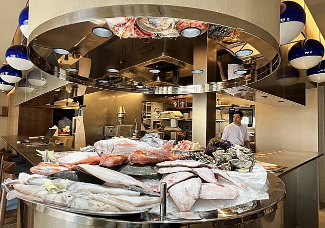 Fish and seafood counter at the entrance of the renovated Los Marinos José.