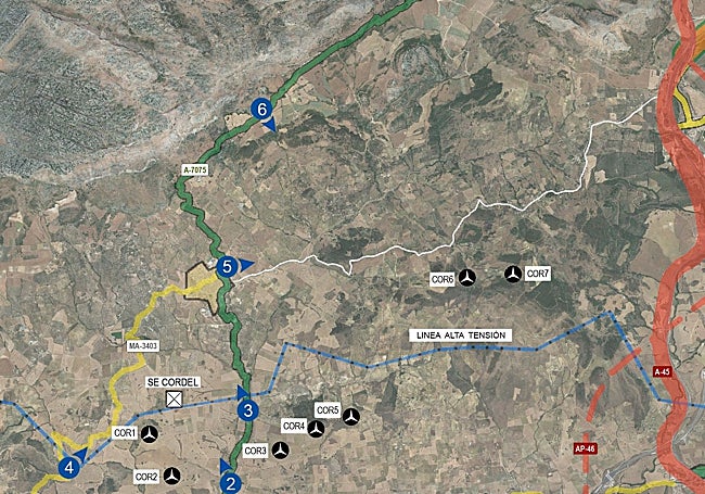 Map showing the three wind farm projects proposed in the Antequera region.