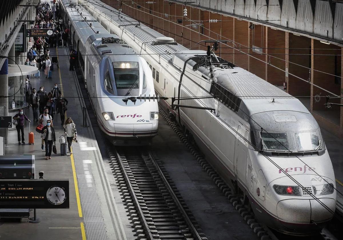 Two high-speed AVE trains at Seville station.