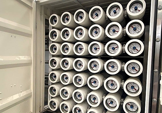 Interior view of filtration membranes mounted on frames of the desalination plant.