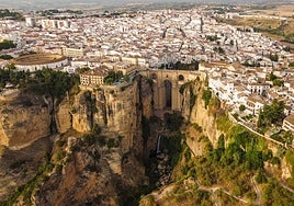 Aerial view of the town of Ronda from the basket of a hot air balloon.