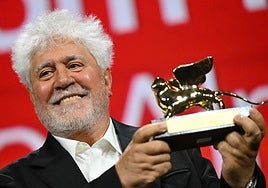 Pedro Almodóvar with his Golden Lion award in Venice.
