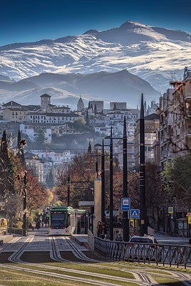 Photograph of the Sierra Nevada from Granada's Avenida de la Constitución.