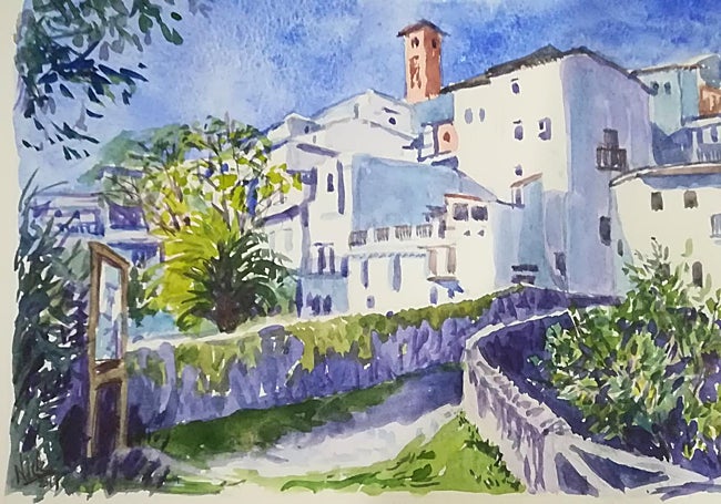 A painting of the Roman bridge in Salares in the Axarquía by Nick Hampton.