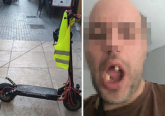 On the left, the stolen scooter and (right) the victim of the attack.