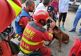 UME rescue team with one of the canine unit dogs at work during the Morocco earthquake disaster.