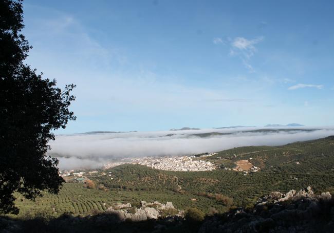 Panoramic view of Villanueva del Rosario after gaining altitude.