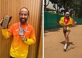 Conejo with his medal and, right, crossing the line.