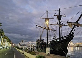Nao Victoria historic sailing ship docks in Malaga.