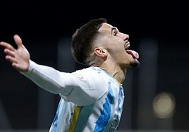 Chupete celebrates giving Malagueño the lead on Sunday.