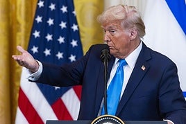 US President Donald Trump speaks during a press conference with Israeli Prime Minister Benjamin Netanyahu.