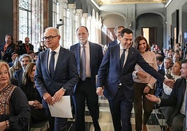 The promoters of the project, together with Junta president Juanma Moreno, at Wednesday's presentation.