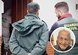 Guardia Civil officers at the door of Francisco Mayorga's home. Inset: photo of the missing man.