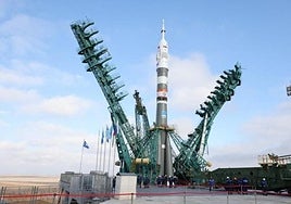 The Soyuz-2.1a rocket booster with the Soyuz MS-21 spacecraft is installed on the launch pad at the Baikonur Cosmodrome in 2022.