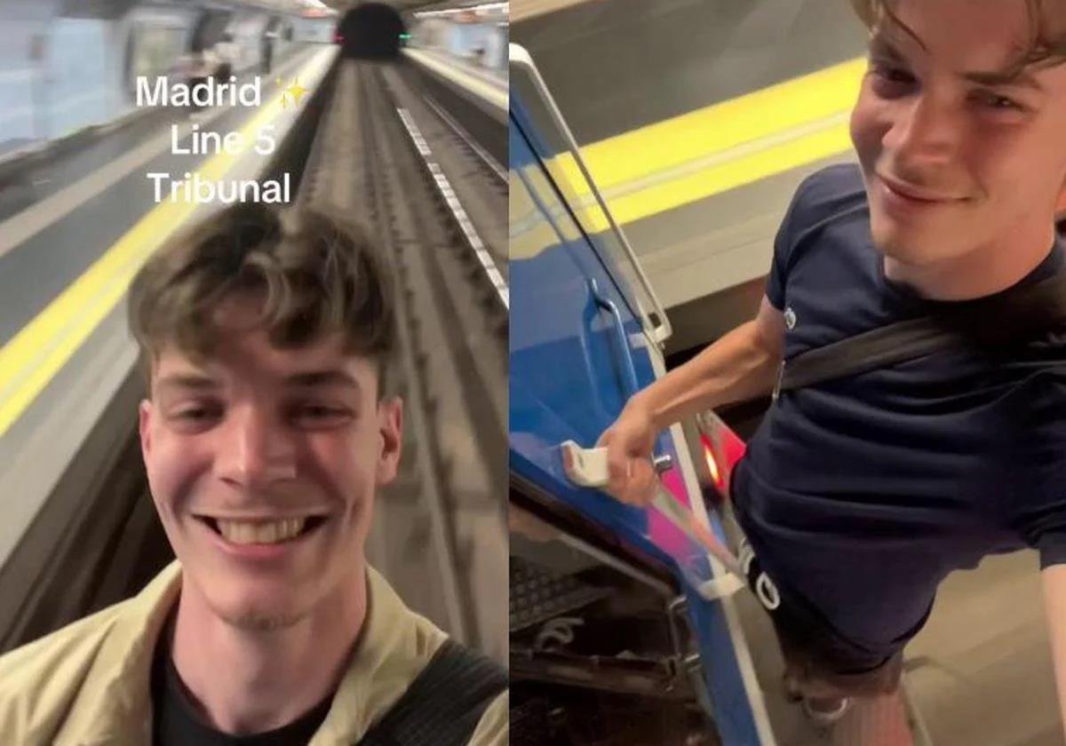 This is the moment a French tourist filmed himself dangling from last carriage of Madrid metro train