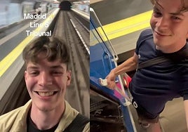The young French tourist hangs onto the last carriage of a metro train in Madrid.