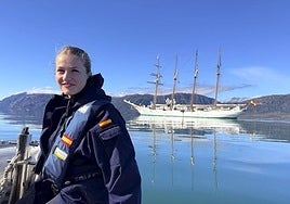 The Princess of Asturias with the Juan Sebastián de Elcano in the background.