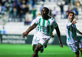 Antequera defender Fomeyem celebrates the equaliser in the 96th minute.