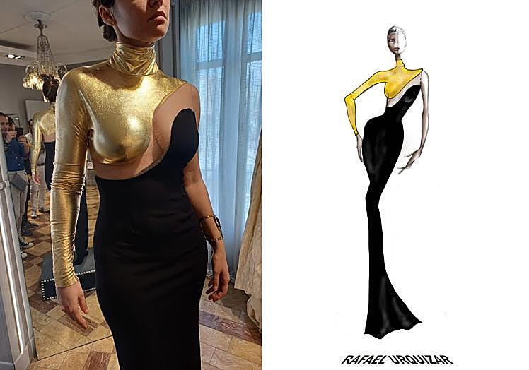 Melody during the fitting in Málaga and detail of the dress sketch.