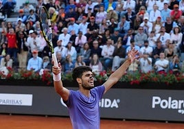 Alcaraz celebrates after securing victory in Rome.