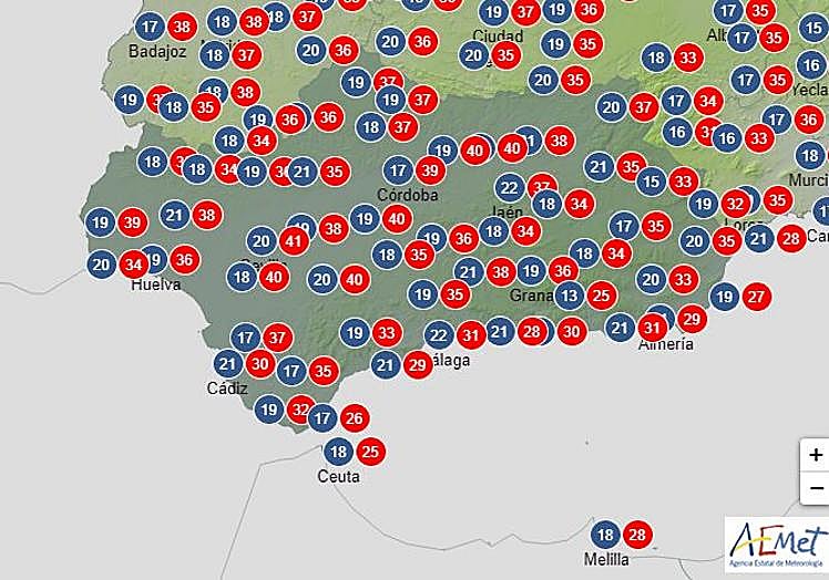 Map with the forecast temperatures in Andalusia for next Thursday, with peaks of 41 degrees.