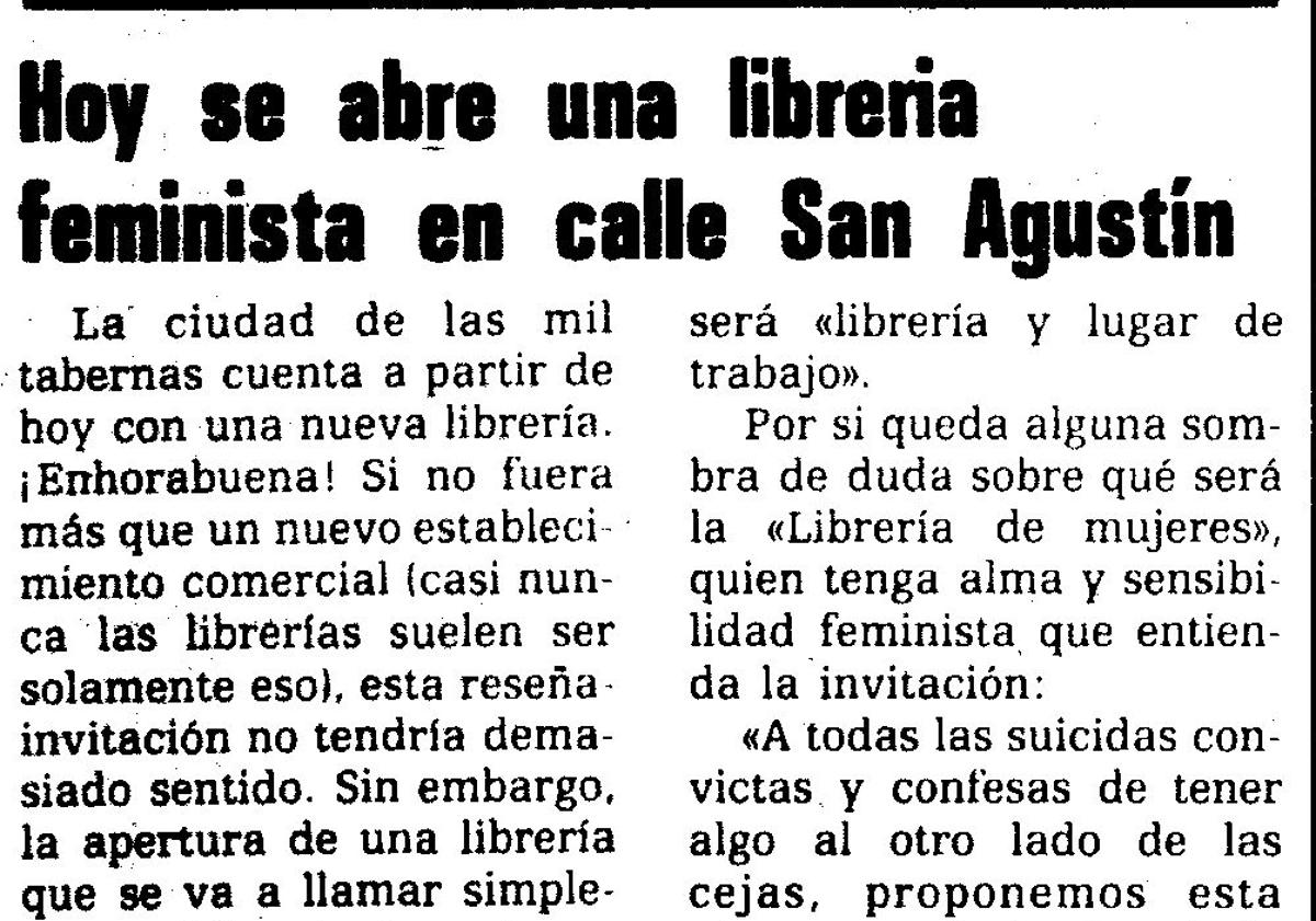 Imagen principal - Clipping from the SUR newspaper archive featuring the news of the opening of the Librería de Mujeres in the early 1980s; a page from a Madrid-based feminist magazine reporting on the SWASG collective; and the cover of the book Nuestros Cuerpos, Nuestras Vidas (Our Bodies, Our Lives).