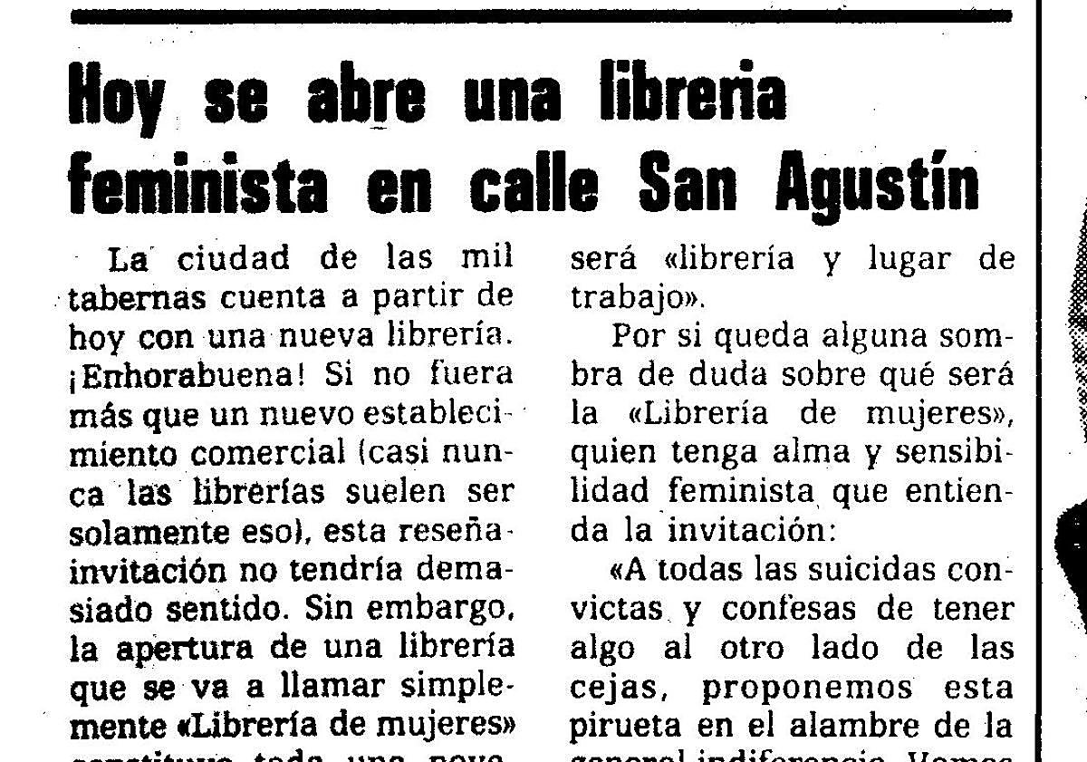 Imagen principal - Cutting from the SUR archive announcing the Librería de Mujeres opening, at the beginning of the 80s; a page of a feminist magazine in Madrid, giving information on the SWASG collective; and the front cover of the book Nuestros Cuerpos, Nuestras Vidas (Our Bodies, Our Lives).