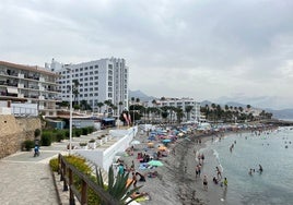Torrecilla beach in Nerja with Plaza de los Cangrejos in the background.