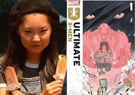 Author and illustrator Peach Momoko, next to her first cover for the 'Ultimate X-Men' series.