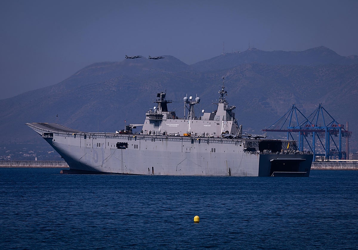 The Spanish Navy ship Juan Carlos I, the largest warship ever built in Spain, in Malaga this Monday.