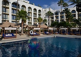 The swimming pool and the artificial beach of ME Marbella.