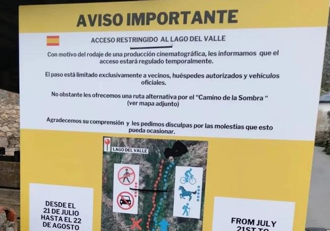 Notice of restricted access to Lago del Valle, where 'The Hunger Games' is filmed.