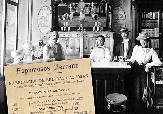 Soda fountains at a soft drink establishment in the USA (1899) and advert for Espumosos Herranz (during the same period).
