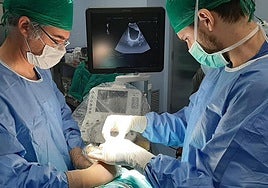 Surgeons at work in an operating theatre.