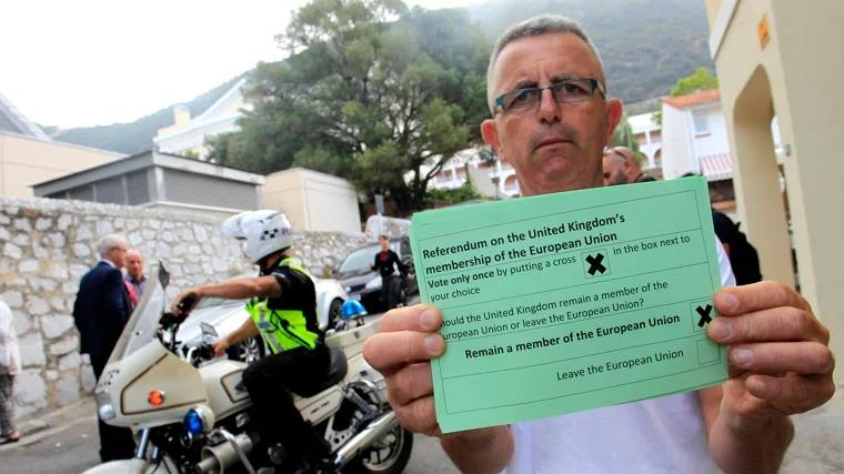 A Gibraltarian shows his ballot paper, complete with his remain vote to stay in the European Union during the 2016 Brexit referendum.