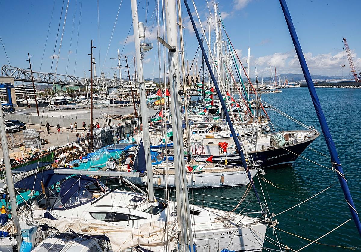 Several of the Global Sumud Flotilla boats in Barcelona.