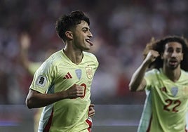 Pedri celebrates scoring the opening goal of the game.